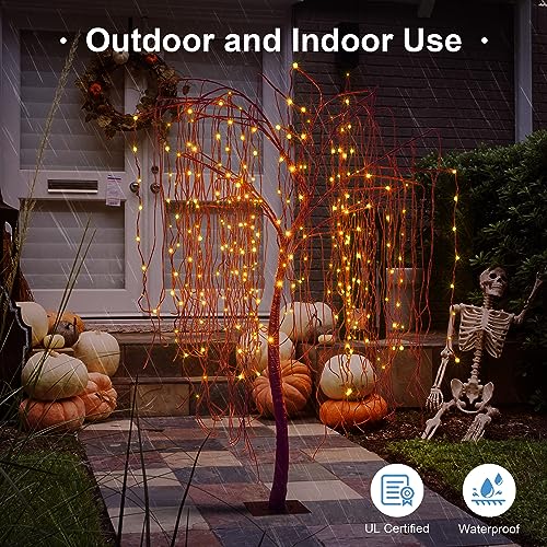 7 FT Halloween Lighted Willow Tree 256 LED Orange Lights Artificial Weeping Willow Tree with 6 Spiders Outdoor Indoor Decoration Christmas Festival Decor (Orange)