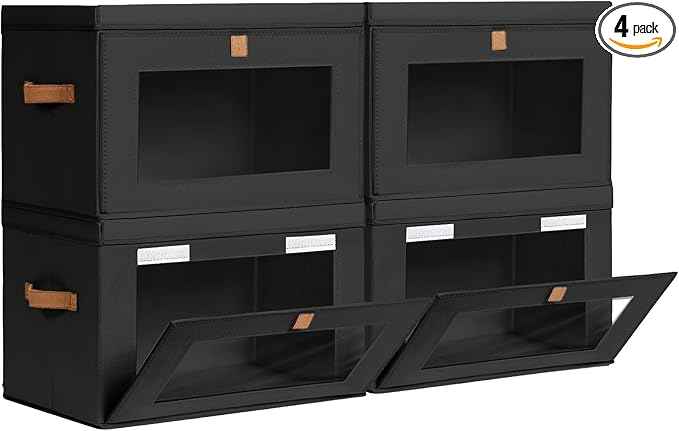 Collapsible Storage Bins - Large Stackable Organizer Bins, Decorative Boxes with Handles & Window, Fabric Containers for Living Room, Closet, Dorm, 4 Pack, Black