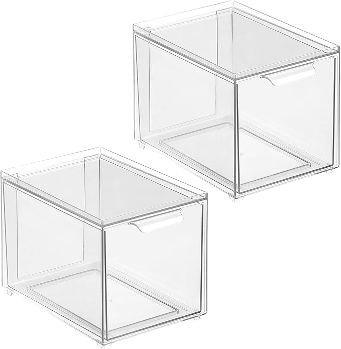 mDesign Plastic Bathroom Organizer Bin w/Pull Out Drawer - Slim Stackable Storage Container for Bathroom Accessories - Perfect for Organizing Bathroom Cabinet - Lumiere Collection - 2 Pack - Clear