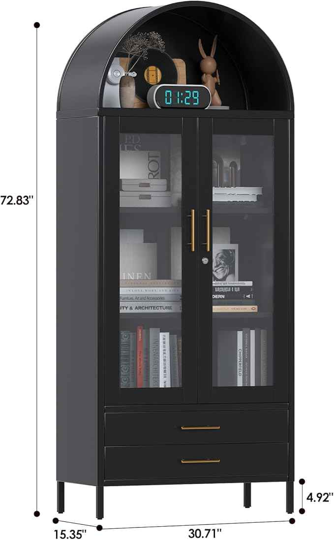 73'' Black Tall Arched Bookcase Cabinet with Glass Doors, Metal Arched Pantry Cabinet with 2 Drawers for Home Kitchen Office,Required Assembly