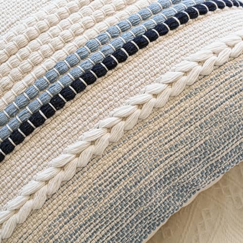 Coastal Blue Boho Decorative Throw Pillow Cover 18x18 Modern Bohemian Accent Pillow Case Square Woven Textured Farmhouse Pillows for Couch Bed