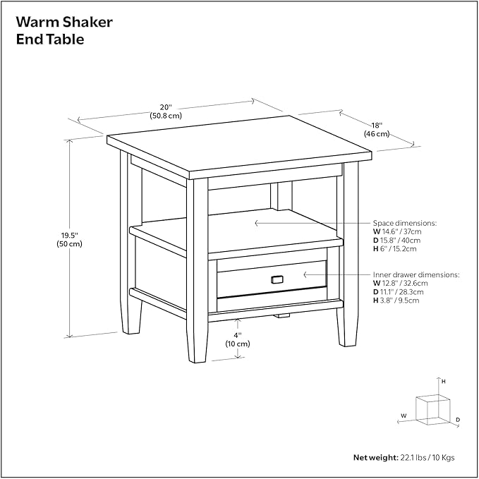 SIMPLIHOME Warm Shaker End Table - 20 inch Wide Solid Wood Side Table in White, Transitional Accent Table for Living Room or Bedroom with Drawer, Open Shelf and Square Tapered Legs