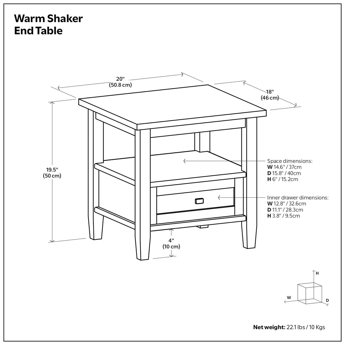 Warm Shaker 20" Wide Solid Wood End Table in Russet Brown