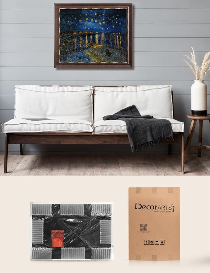 DECORARTS - Vincent Van Gogh Starry Night Over The Rhone Framed Wall Art, Giclee Print with Antique Brown Frame for Living Room or Dining Room Decor, Picture Size 20x16 Total 23x19 Made in USA