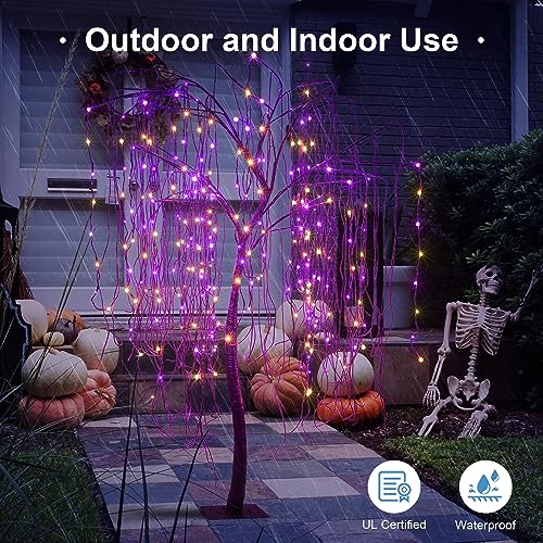 7 FT Halloween Lighted Willow Tree 256 LED Orange and Purple Lights Artificial Weeping Willow Tree with 6 Spiders Outdoor Indoor Decoration Christmas Festival Party Home Decor (Orange and Purple)