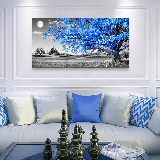 Wapluam Large Canvas Wall Art For Living Room Modern Wall Decor For Bedroom Black And White Wall Paintings Blue Tree Scenery Wall Pictures Prints Artwork Office Decor Aesthetic Home Decor 30" X 60"