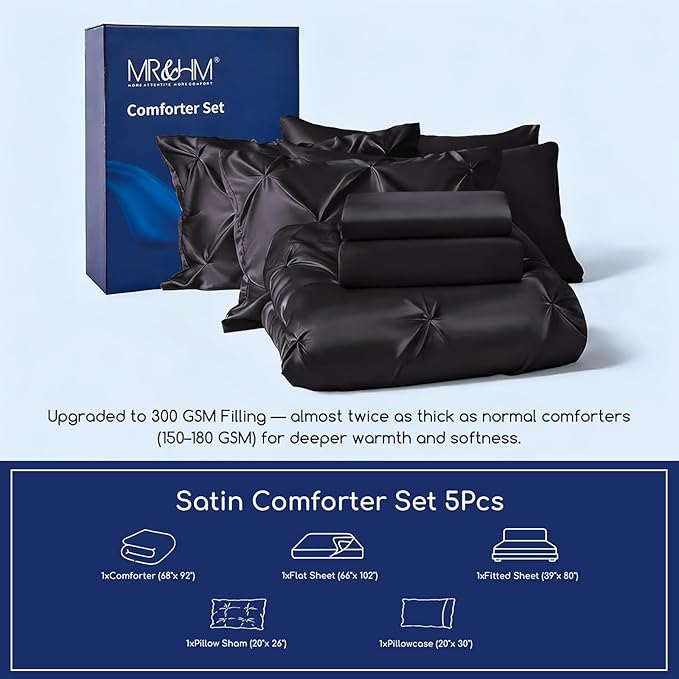 MR&HM Satin Comforter Twin XL 5 Pieces - Luxurious Pinch Pleat Bedding Set with Comforter, Flat Sheet, Fitted Sheet, Pillowcase & Sham, Super Silky Soft Bed Set for All Season (Twin XL, Black)