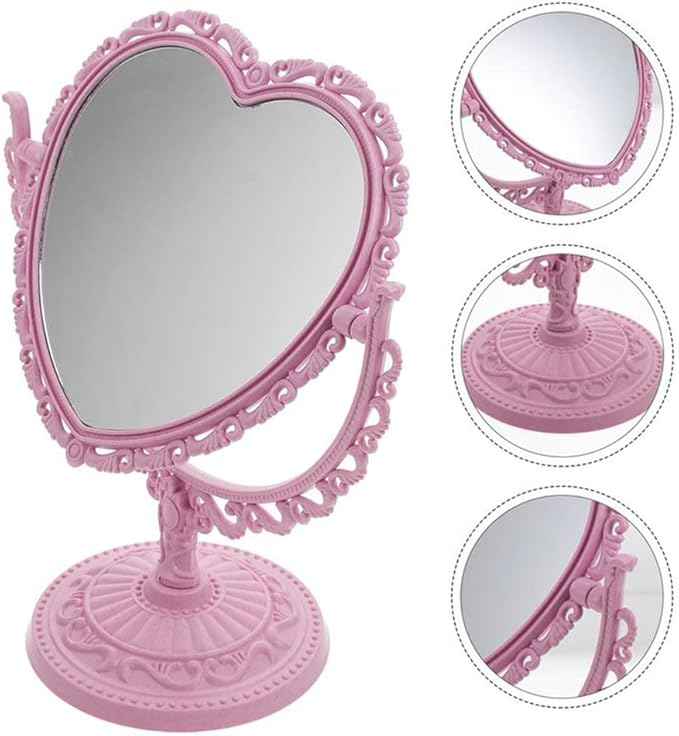 AKOAK Heart-Shaped Cosmetic Mirror - Plastic, Double-Sided, Rotatable, Lightweight - Bathroom & Bedroom Mirror (Pink)