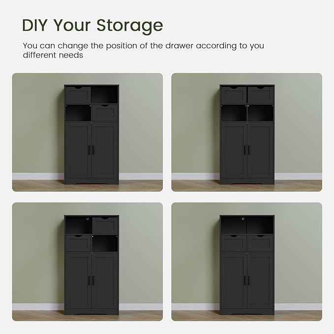 Iwell Storage Cabinet with Doors & Shelves, Kitchen Pantry Cabinet, Bathroom Cabinets for Living Room, Kitchen, Laundry, Black