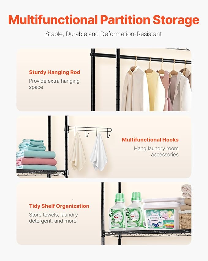 VEVOR Over The Washer and Dryer Storage Shelf, 5 Tier Laundry Room Drying Rack with Hanger Rod and Hooks, Adjustable Over Washer and Dryer Shelves, Laundry Room Shelf Storage Space Saver, Black