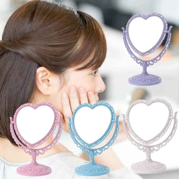 AKOAK Heart-Shaped Cosmetic Mirror - Plastic, Double-Sided, Rotatable, Lightweight - Bathroom & Bedroom Mirror (Blue)