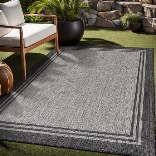 Bordered Outdoor Rug 8x10 Washable Outside Carpet for Indoor Patio Porch Waterproof Easy Cleaning Non Shedding Area Rugs Dark Gray 8 x 10