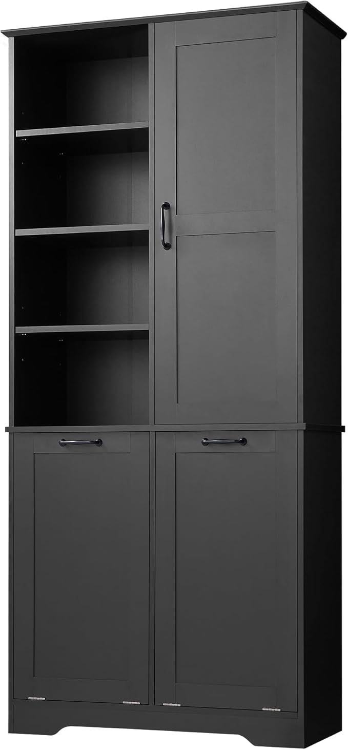 Favfurish 68" Tall Bathroom Storage Cabinet with Door and 2 Tilt-Out Laundry Hampers,Modern Linen Cabinets w/Open Shelf & Adjustable Shelves,Freestanding Organizer for Laundry Room,Kitchen,Black