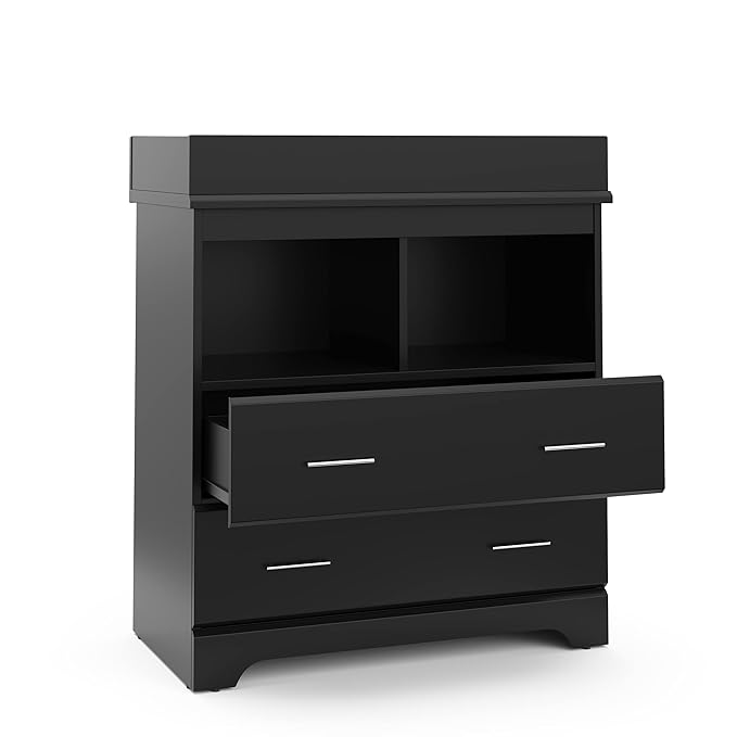 Storkcraft Brookside 2 Drawer Changing Table Dresser (Black) – GREENGUARD Gold Certified Baby Dresser with Changing Table Top, Baby Changing Table Dresser, Includes Interlocking Drawer System