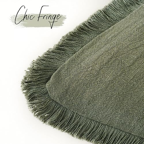Boho Linen Fringe Lumbar Throw Pillow Covers 12×24 Olive Green (2 Count)