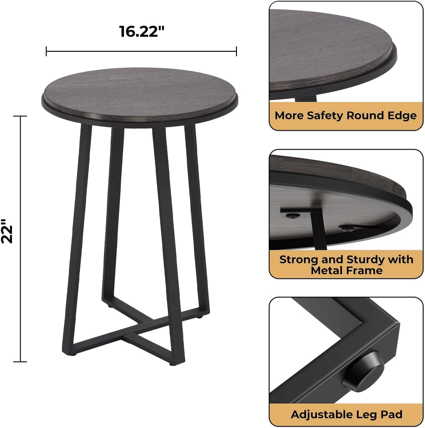 Round End Table, Small Side Table Grey Color MDF Top, Metal Frame Black, Tall End Side Table for Bed Room, Coffee Tea End Table for Living Room(Round Grey)