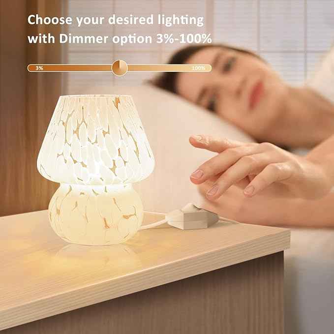 ONEWISH Mushroom Lamp Small Bedside Table Lamp-Nightstand Nightlight Dimmable Stepless, Translucent Glass White Desk Lamp for Bedroom Dorm Living Kitchen, Murano Style Aesthetic Cute Home Decor