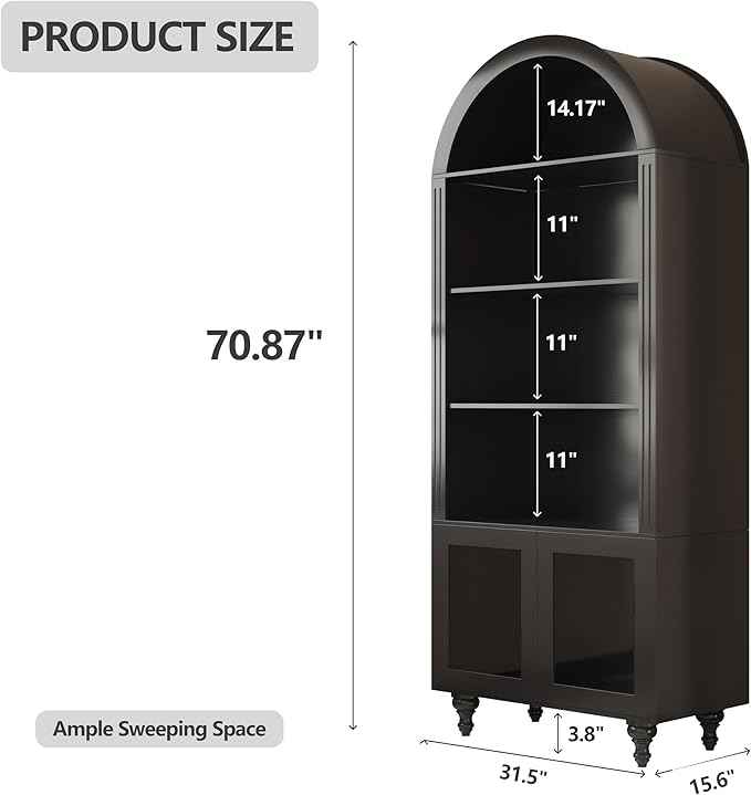 Wooden Arched Bookshelf,5-Tier Shelf,Farmhouse Storage Display Cabinet Etagere Bookcase, Large Bookshelf,Tall Open Storage Cabinet for Home Office Living Room&Kitchen(Black-Arched top)