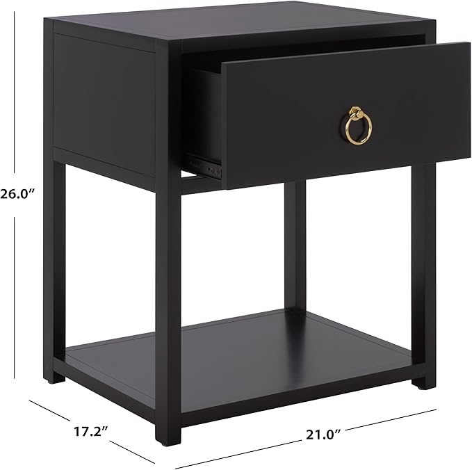 SAFAVIEH Home Collection - Yudi Black Nightstand, 1 Drawer 1 Shelf Bedside Table with Gold Metal Accent Pull, Fully Assembled (NST9201E)
