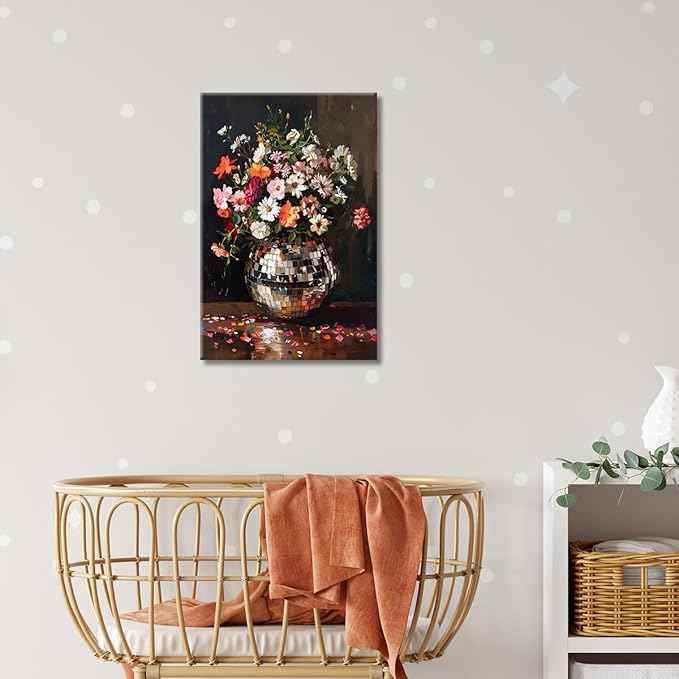 Colorful Moody Florals Disco Ball Canvas Wall Art, Maximalist Funky Wildflowers Bouquet Disco Ball Poster, Retro Cottagecore Flower Prints Paiting, Vintage Eclectic Wall Decor 12X16In Framed