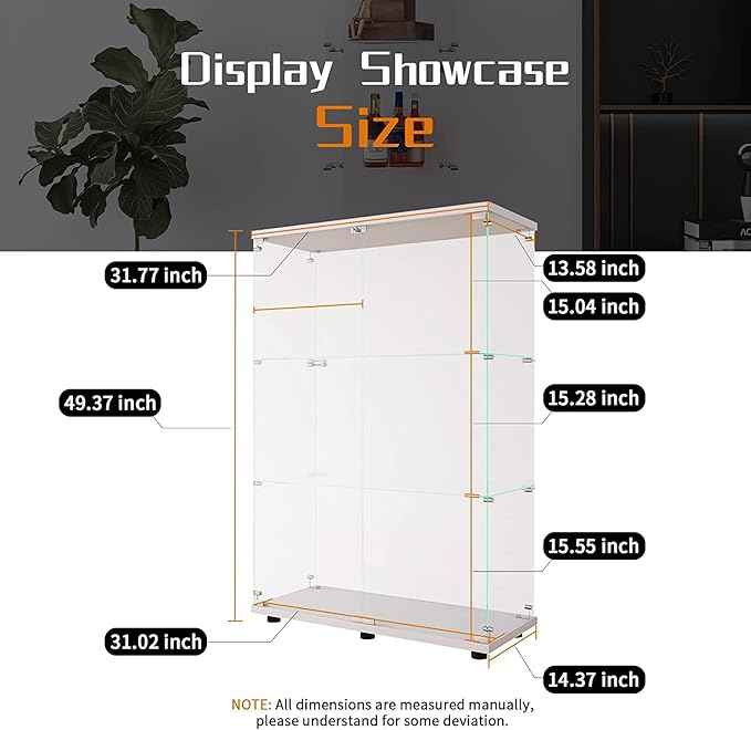Beauty4U 2-Door Glass Display Cabinet, White Curio Cabinets for Living Room, Bedroom, Office, Collection Display, Quick Installation in 30 Mins, 3 Shelves White Floor Standing Glass Bookshelf
