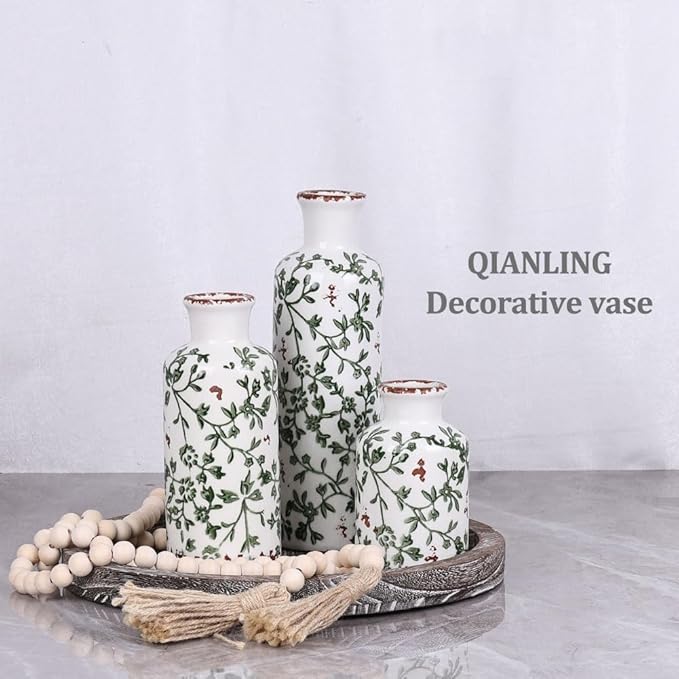 Green Ceramic Vase Set - 3 Chinoiserie Green Floral Vases, Farmhouse Country Flower Vase Home Decor, Living Room Decoration, Table Decoration, Fireplace Decor, and Entrance Decorations Centerpiece