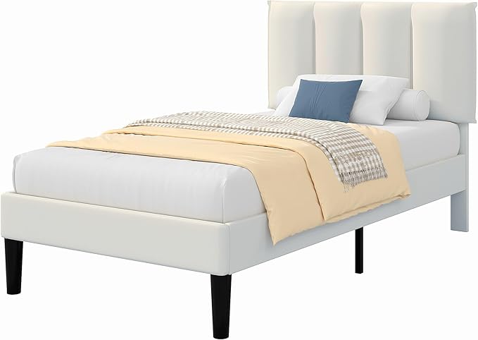 VECELO Twin Bed Frame with Upholstered Headboard, Heavy-Duty Platform Bedframe with Strong Wooden Slats Support, No Boxing Spring Needed, Pure White