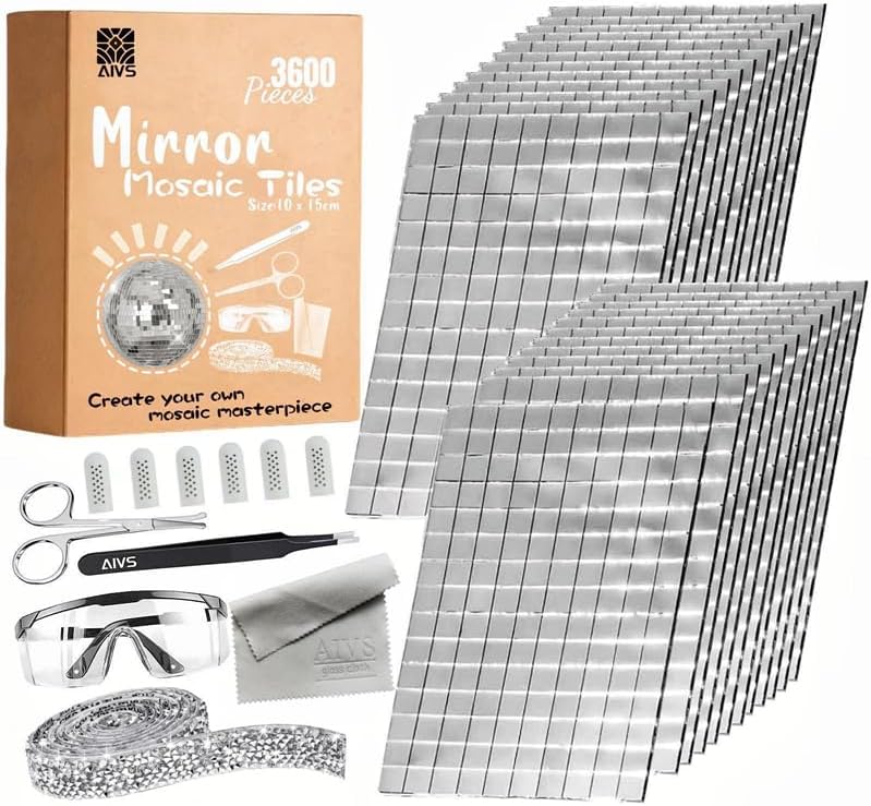 Self Adhesive Disco Mirror Tiles Kit-3600PCS 10x10 mm Glass Mosaic Mirror Tiles for Crafts - Disco Ball Decor,DIY Cowboy Hat,Mirror Frame Border and Art Collage,Unique DIY Gift