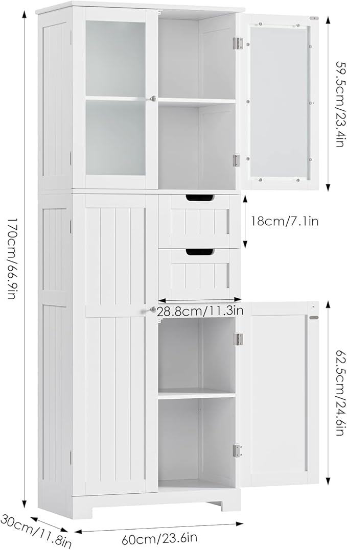 67'' Tall Bathroom Storage Cabinet, Linen Cabinet with Glass Doors and Adjustable Shelves, Kitchen Pantry with 2 Drawers for Bathroom, Living Room, Dining Room, White