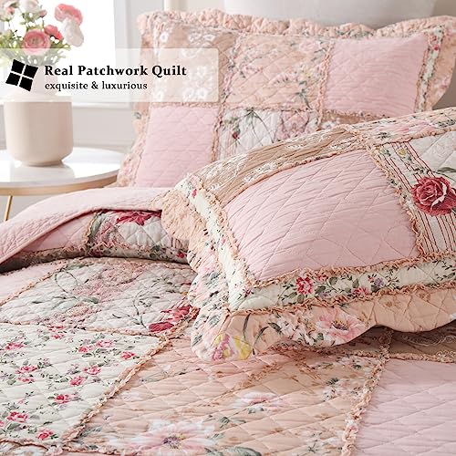 Quilts California King Patchwork Pink Floral Quilt Set Vintage Shabby Chic Botanical Quilted Bedspread 3