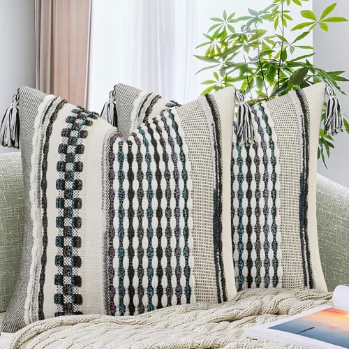 Set of 2 Chenille Striped Textured Boho Throw Pillow Covers Aesthetic with Tassels Woven Decorative Pillow Case for Couch Bed Sofa Bedroom Modern Funky 18 x 18 (2 Count)