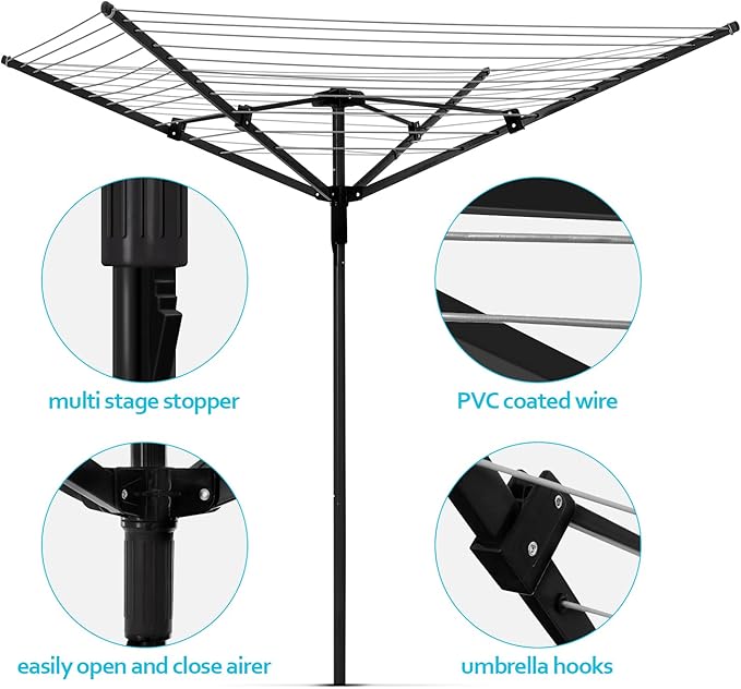 Nisorpa Rotary Outdoor Umbrella Drying Rack Adjustable Height Clothesline w/Waterproof Protective Cover Folding Rotary Dryer with 4-Aluminum Arms and Steel Post 12-Lines with 165 ft Clothesline