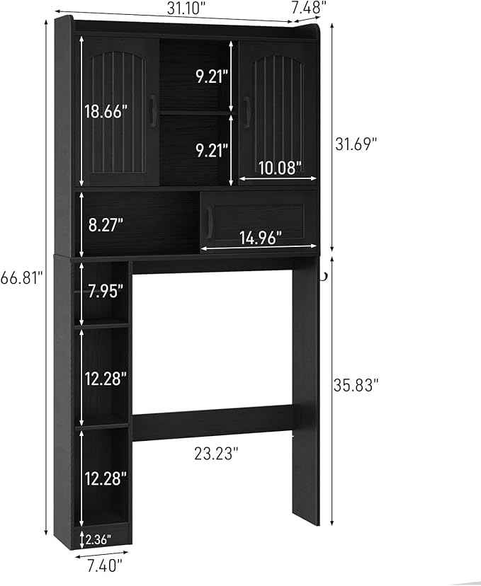 Vabches Farmhouse Over The Toilet Storage Cabinet with 2 Barn Doors & Sliding Door, Over The Toilet Bathroom Organizer with Open Storage Layer and Adjustable Shelves & Hooks.Black