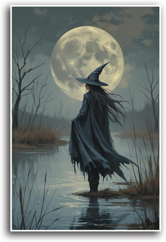JFHCQJPK Witch in the moonlight magic canvas wall art enchanting Halloween home decor swamp witch silhouette oil painting mysterious gothic aesthetic wall decor print poster8x12in Frameless