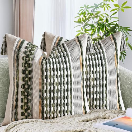 Set of 2 Chenille Striped Textured Boho Throw Pillow Covers Aesthetic with Tassels Woven Decorative Pillow Case for Couch Bed Sofa Bedroom Modern Funky 18 x 18 (2 Count)