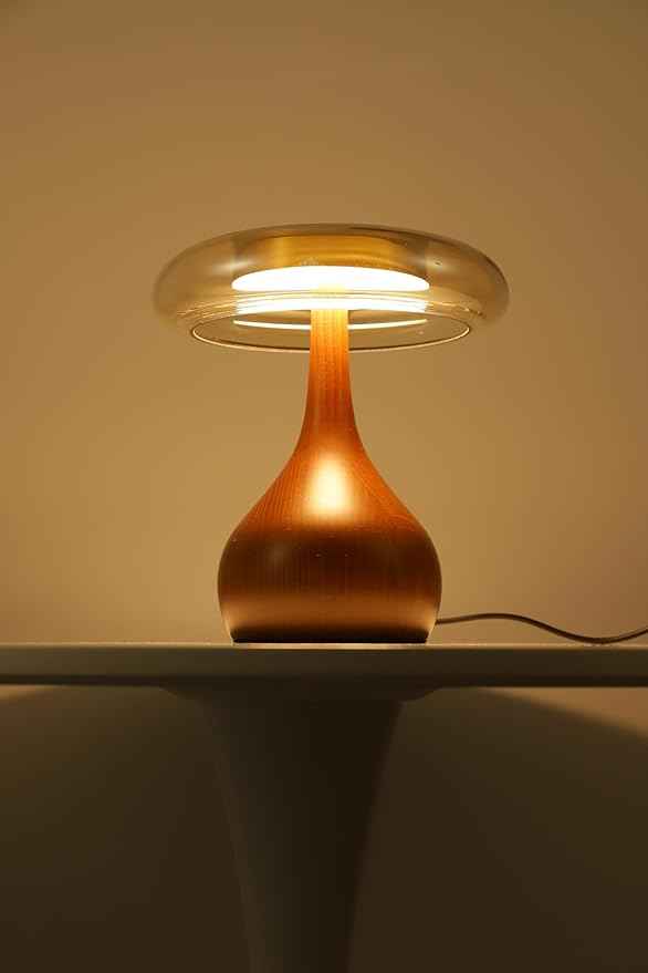 Small Table Lamp for Bedroom-Wooden Base Teardrop Mushroom Table Lamps,Amber Glass Shade,LED Three Color Temperature Adjustable Brightness Modern LED Side Table and Desk Lighting(H 9.7 in)