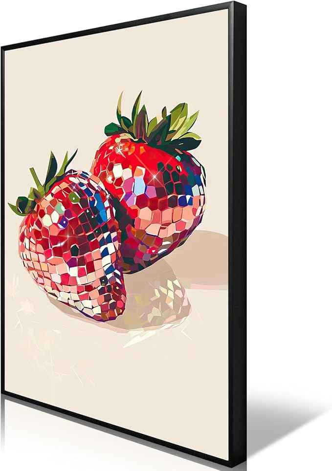 Funky Red Strawberry Disco Wall Art,Trendy Disco Ball Poster For Girls Room, Coquette Strawberries Picture Print, Art Fruit Poster For Home Bedroom Dorm wall Decor 24X36in Black Framed