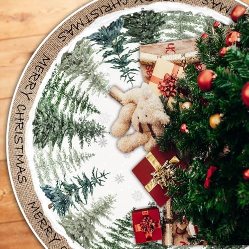 Christmas Tree Skirt 48 Inch Pine Trees Snowy Forest Christmas Tree Skirt Collar for Farmhouse Vintage Rustic Merry Christmas Xmas Winter Holiday Party Decoration