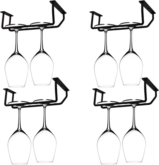 7 Inch Black Wine Glass Rack, Under Cabinet Wine Glass Holder, Wine Glass Hangers Under Shelf, Stemware Rack, Hanging Stemware Holder for Cabinet Kitchen Bar, Set of 4