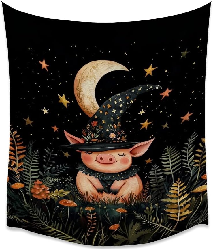 Whimsical Witch Pig Tapestry Wall Hanging Cute Farmhouse Animal Tapestry Aesthetic Moon and Stars Pictures Print Cottagecore Witchy Halloween Artwork Tapestries Decor for Living Room Bedroom 40x60inch