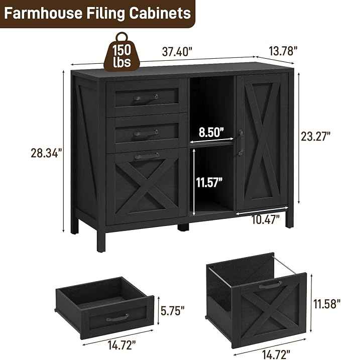 Vabches Lateral File Cabinet, Farmhouse 3 Drawer File Cabinet with Open Storage Shelf for Letter/Legal/A4 Size Hanging Files, Large Wood Storage Cabinets Printer Stand for Home Office, Black