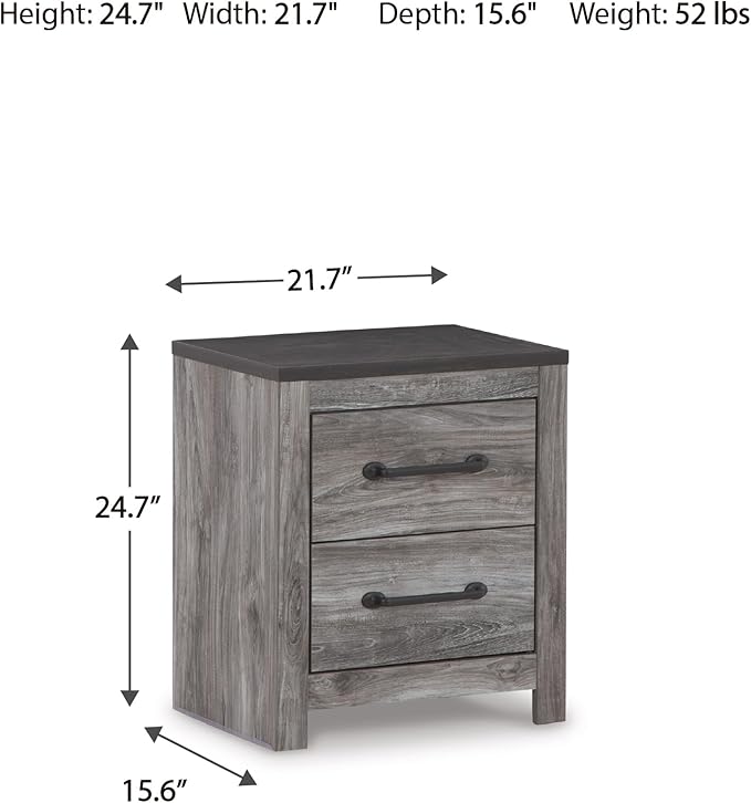 Signature Design by Ashley Bronyan Rustic 2 Drawer Nightstand, 2-Tone Look, Light Gray and Dark Gray, Large Scale Handles, Fully Finished Drawer Interiors, 24.72" Tall, Gray