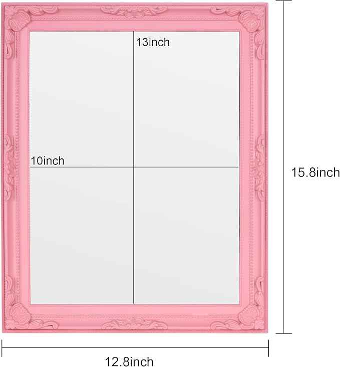 Funly mee Baroque Square Wall Mirror, 12.8 x 15.8 inches, Vintage Gold Plastic Frame, Vertical or Horizontal Mount (Pink, 12.8 x 15.8)