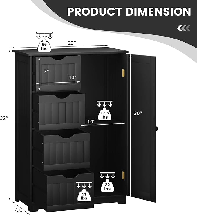 COSTWAY Bathroom Storage Cabinet, Wooden Storage Organizer with 4 Deep Drawers & Adjustable Shelf, Modern Floor Cabinet for Living Room, Bathroom, Kitchen, Entryway (Black)