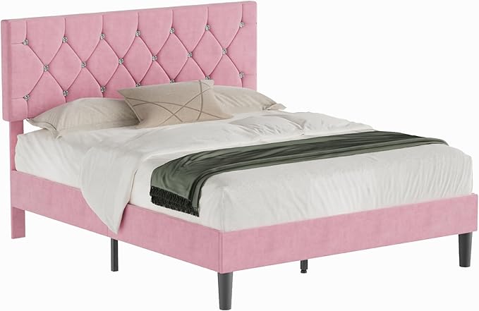 VECELO Full Size Bed Frame with Diamond Tufted Headboard, Upholstered Platform Bedframe with Wood Slat Support, No Box Spring Needed, Mauve Pink