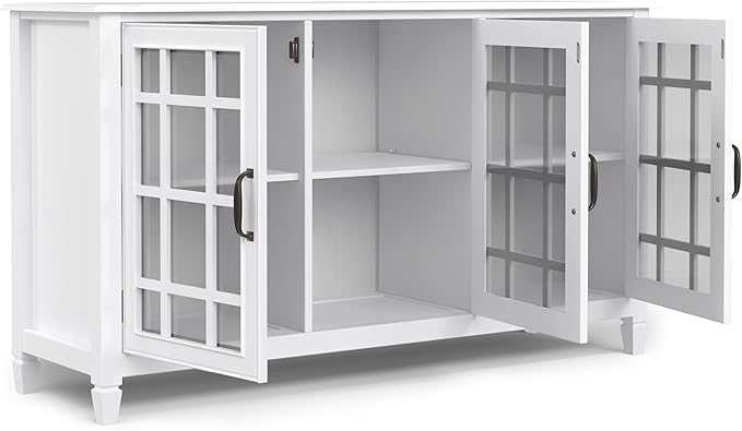 SIMPLIHOME Connaught Storage Cabinet - 60 inch Wide Solid Wood Buffet in White, Traditional Sideboard for Dining Room, Entryway, or Living Room with Glass Doors, Adjustable Shelves, and Notched Legs