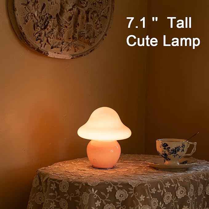 Mushroom Lamp Pink Glass Mushroom Table Lamp for Bedrooms, Living Room, Aesthetic Lamps for Bedroom, Cute Bedside Lamp