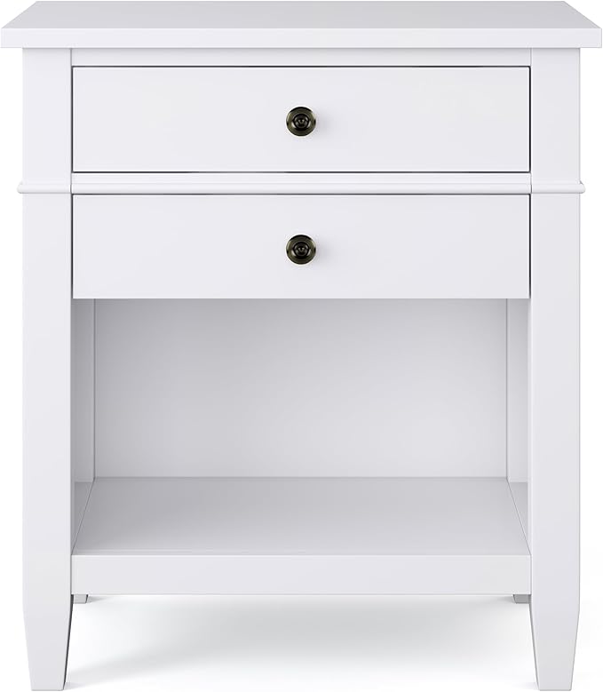 SIMPLIHOME Carlton Bedside Table - 24 inch Wide Solid Wood Nightstand Table in White, Transitional Bedroom Side or End Table with 2 Drawers, Open Storage Shelf and Bronze Hardware