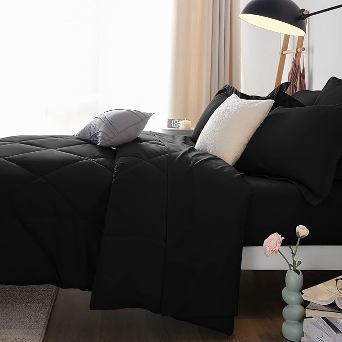 CozyLux Full Size Comforter Sets Black - 7 Pieces Bed in a Bag Full, Luxury Soft Bed Set for All Seasons, Bedding Set with Down Alternative Comforter, Sheets, Pillowcases & Shams