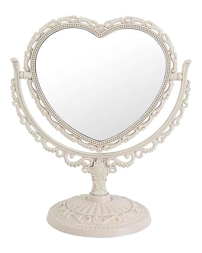 D&XQAUO Vintage Heart Mirror for Desk Cute Coquette Room Decor,Vanity & Bathroom Double-Sided Rotating Makeup Table Mirror with Stand